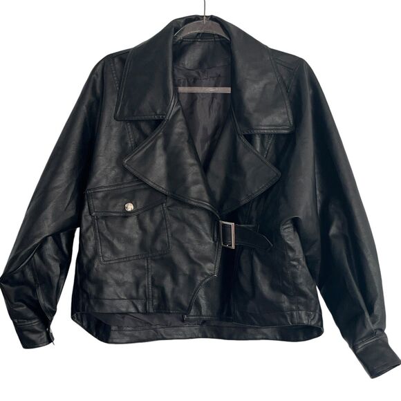 D&M Slouchy Moto Jacket Women Size Small OVERSIZED fits up to a 1X Vegan Leather - Picture 9 of 15